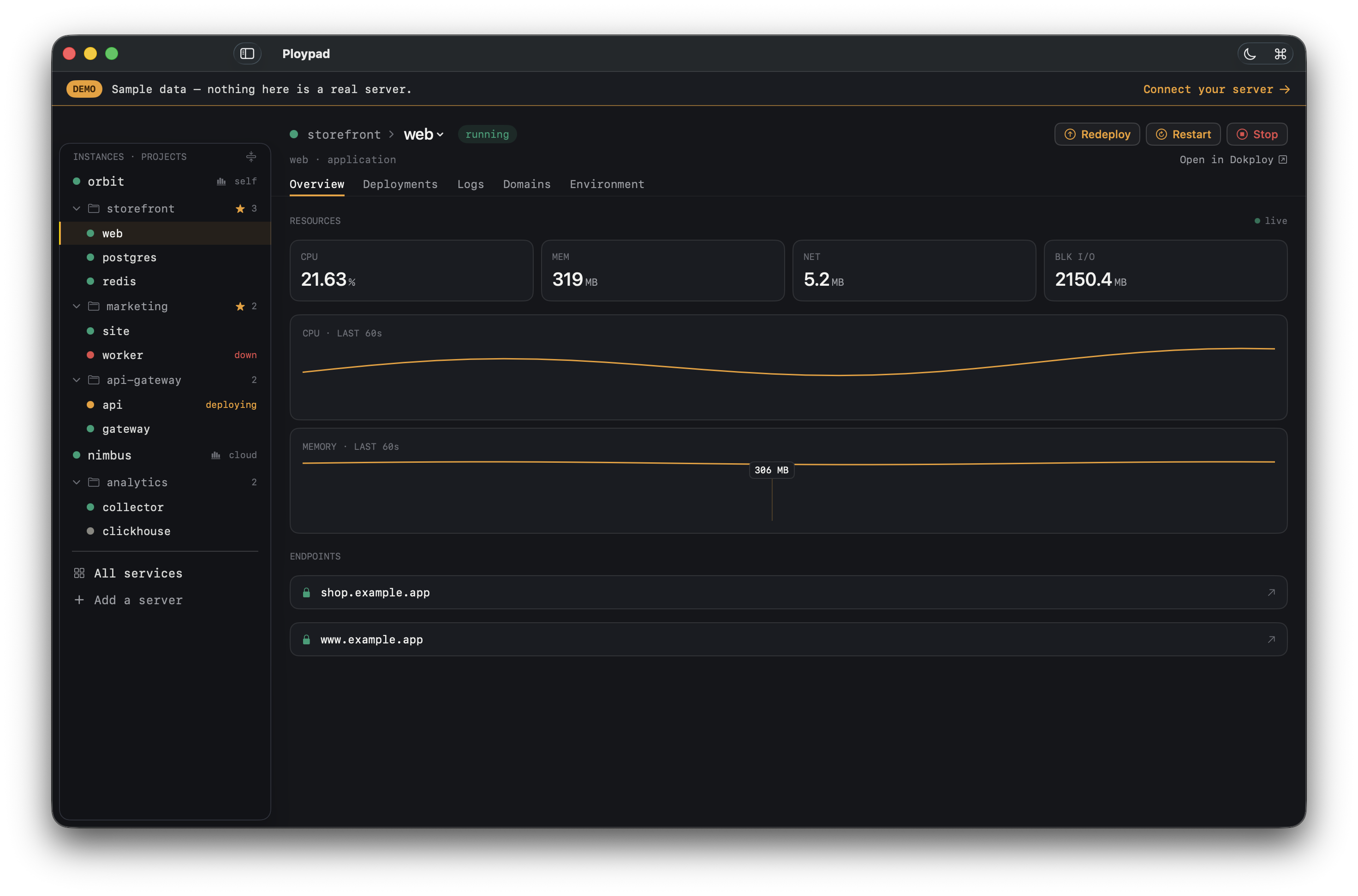Ploypad showing a fleet of services across projects and servers, with live status, metrics, and deploy controls