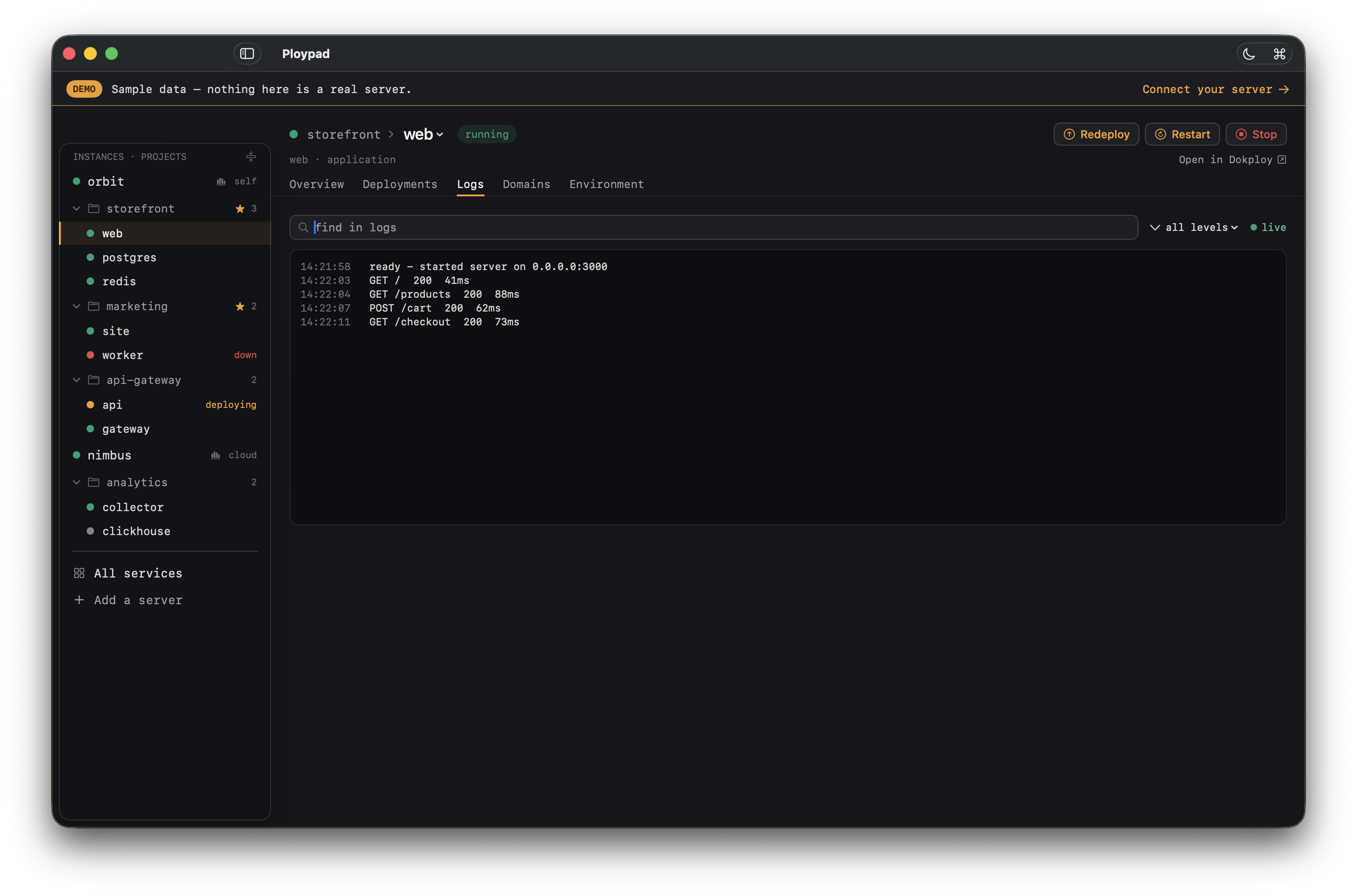 A live build log streaming with colored info, warning, and error lines