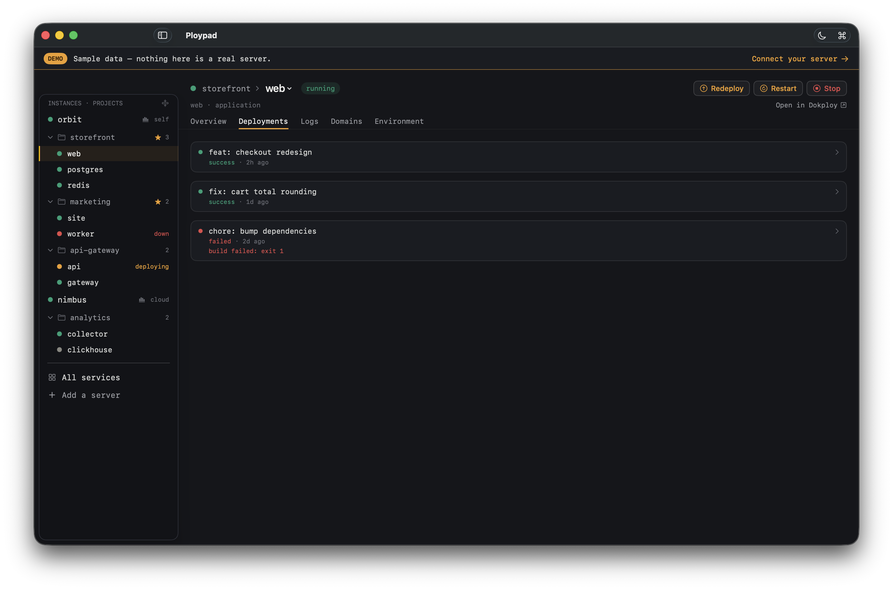 A service's deployment history with statuses, timestamps, and rollback targets