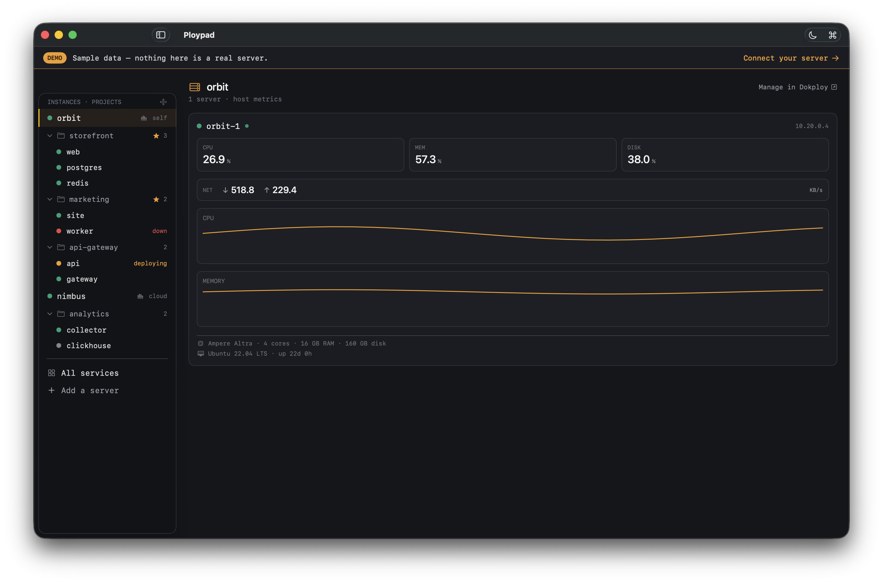 A server overview with live host CPU, memory, disk, and network metrics