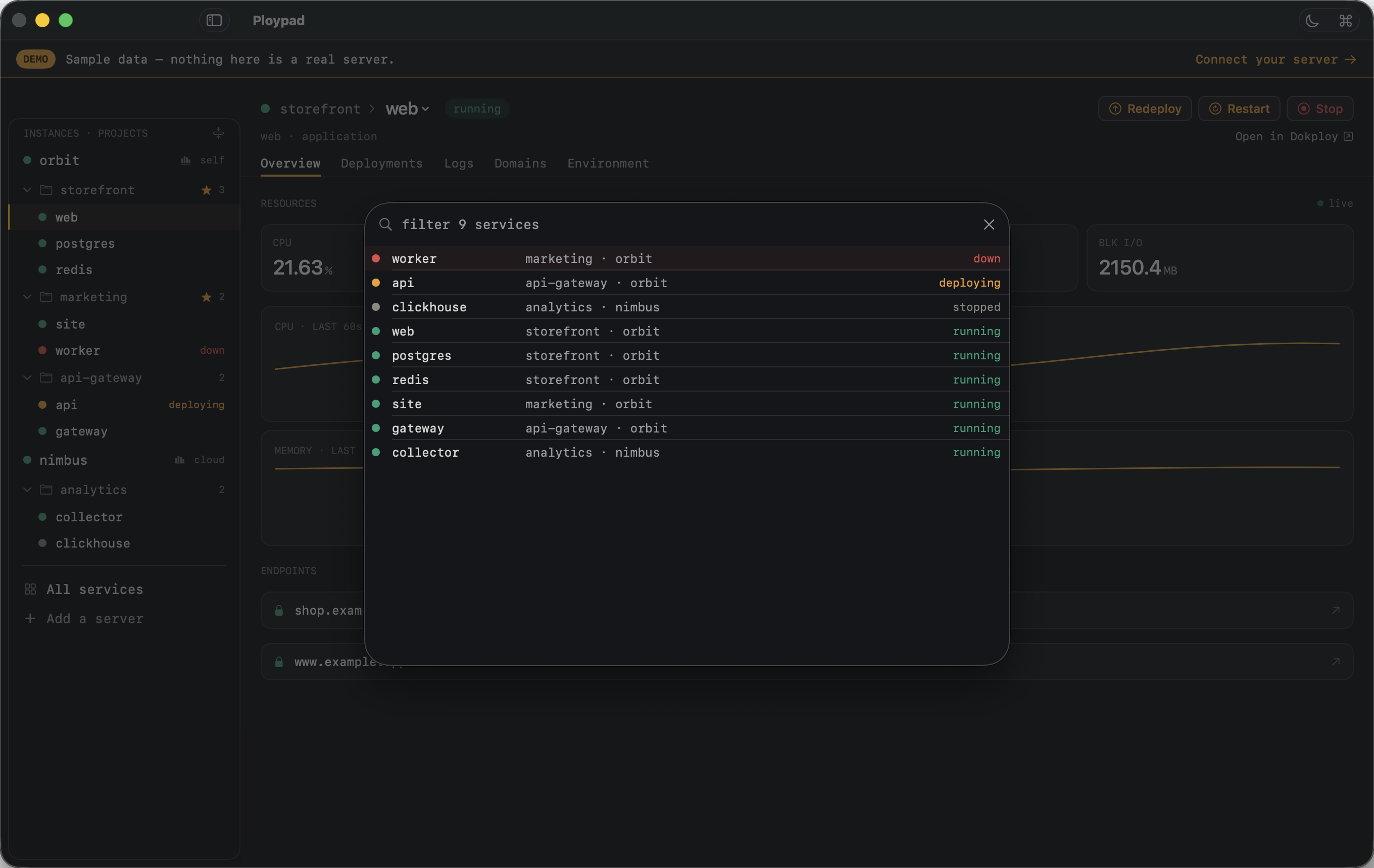 The All Services view listing every service across projects and instances, down ones sorted to the top