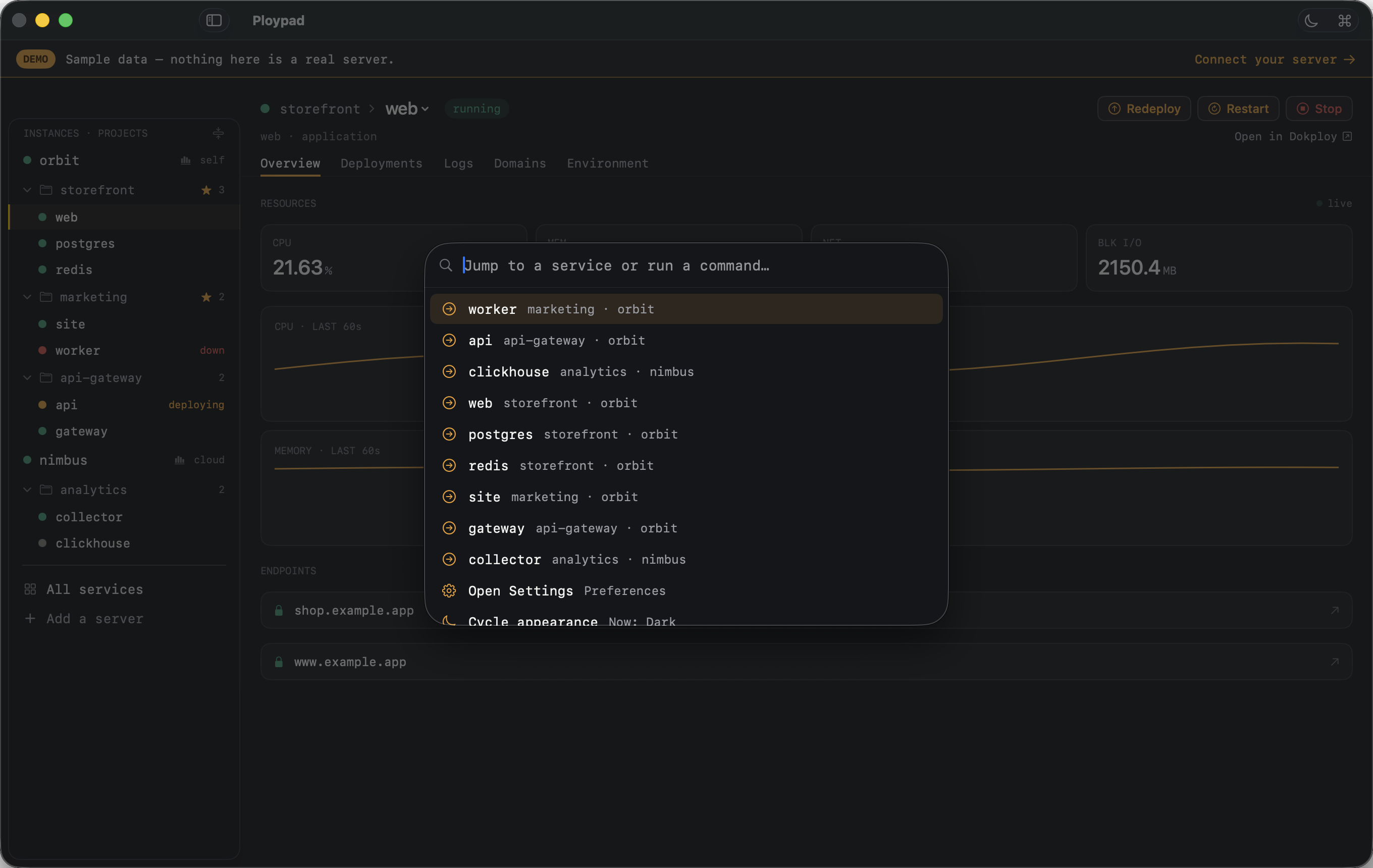 The command palette fuzzy-matching services and actions across the fleet