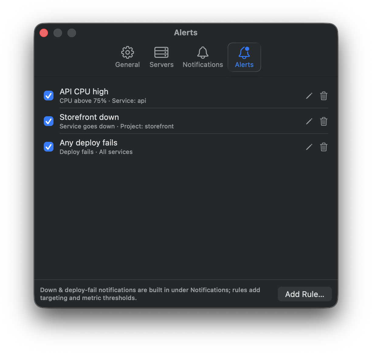 The Alerts settings with rules for a CPU threshold, a service going down, and any deploy failing — scoped to services, projects, and the whole fleet